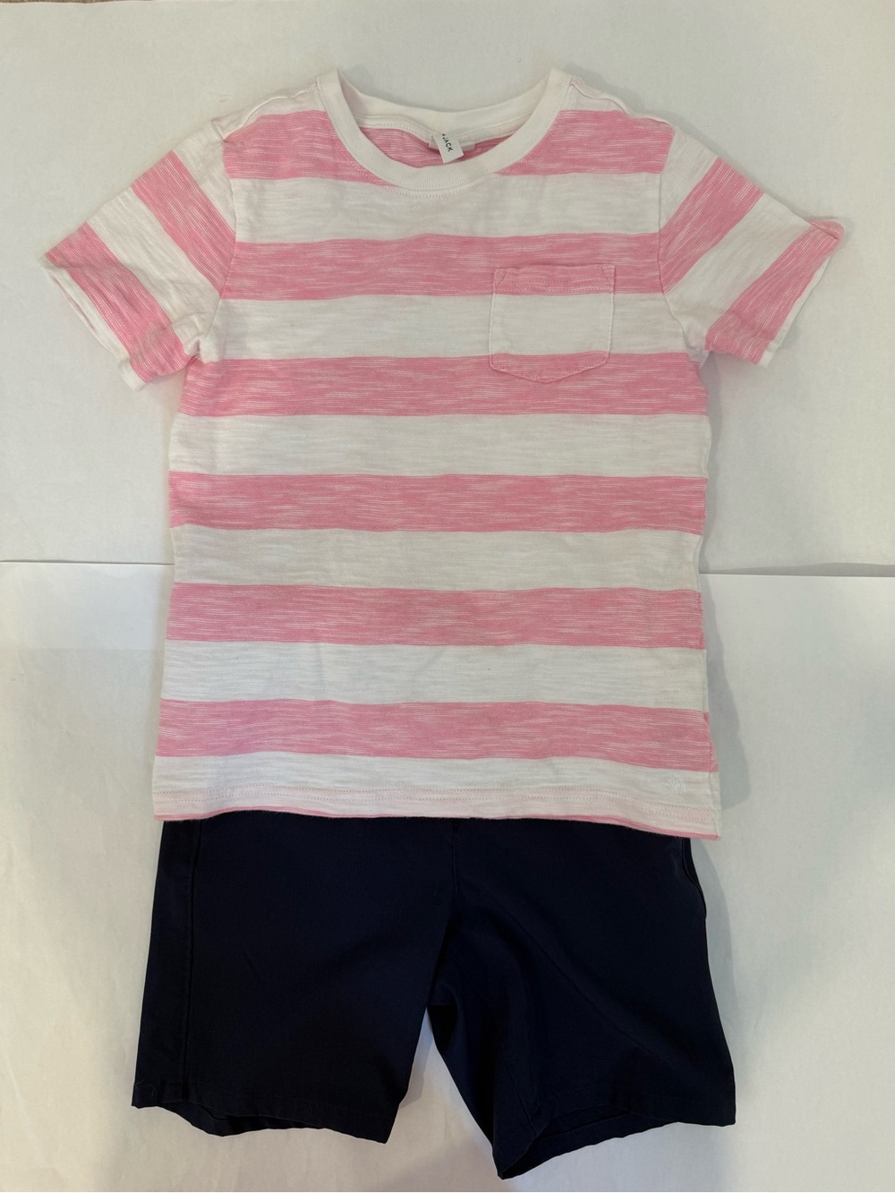 Janie and Jack Pink & White Striped Short-Sleeve Pocket Tee & Navy Shorts